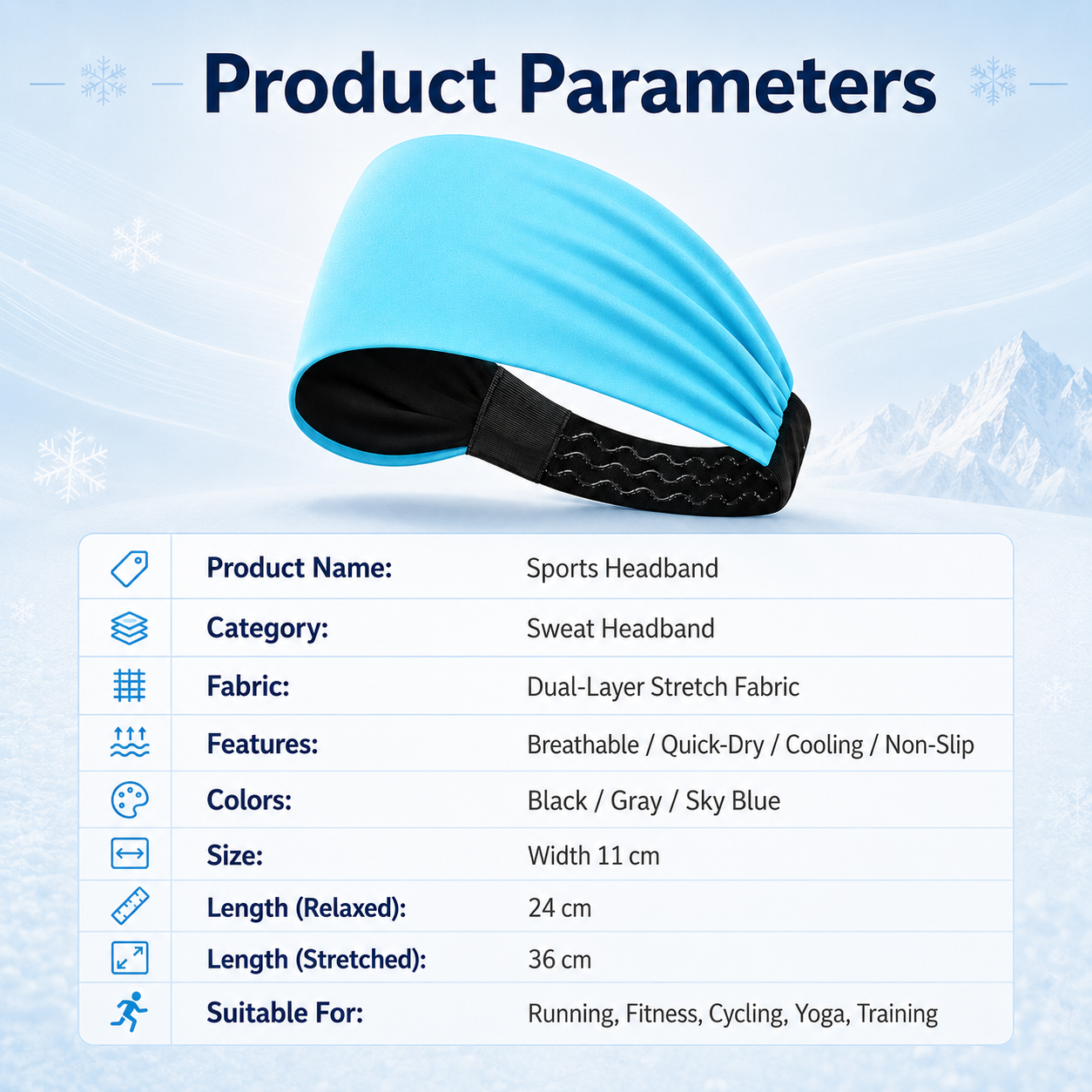 Cooling sports headband specifications, fabric, features and available colors